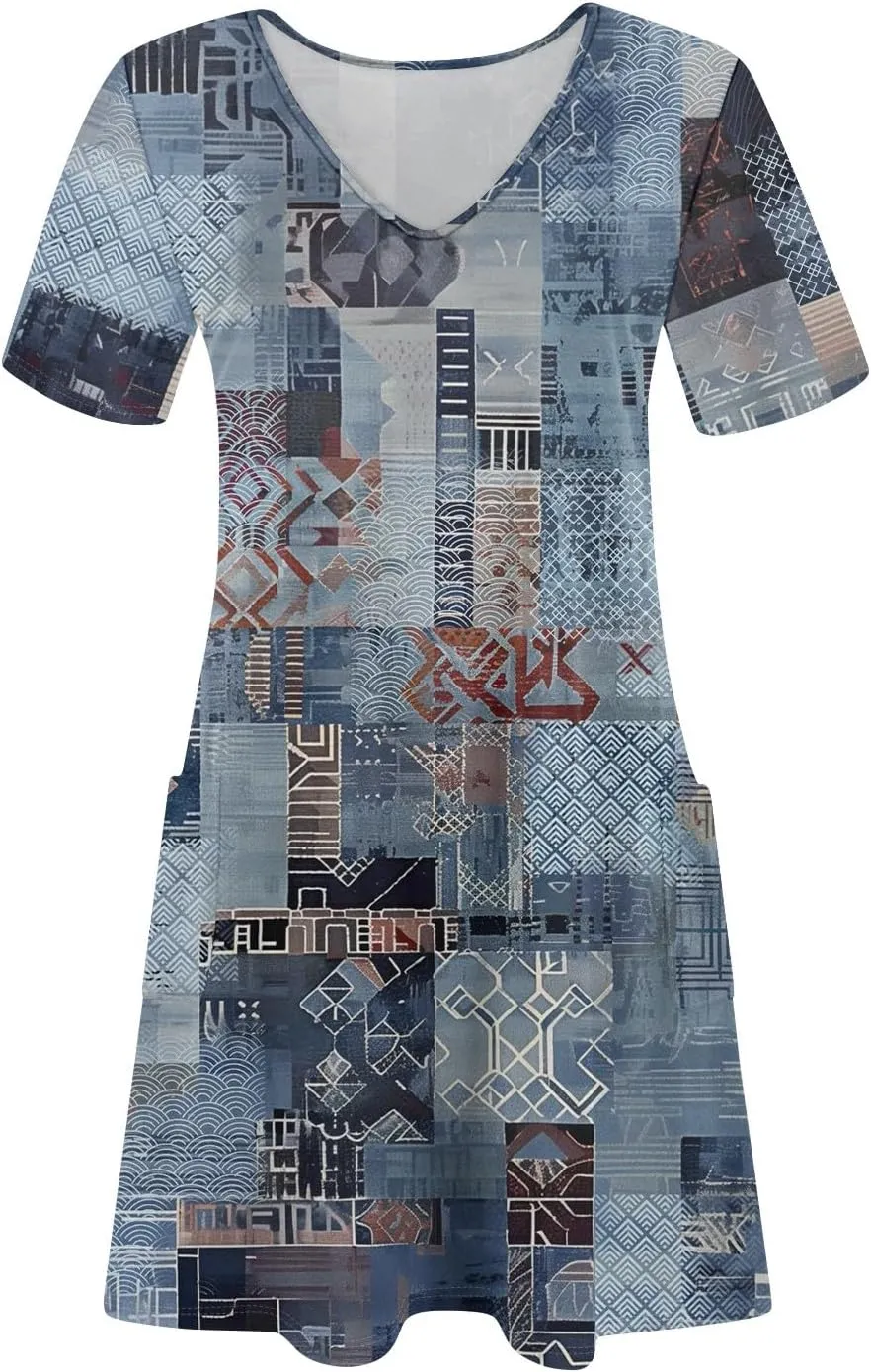 Womens Short Sleeve T Shirt Dress Vintage Printed V Neck Mini Sundress Summer Beach Vacation Outfits with Pockets