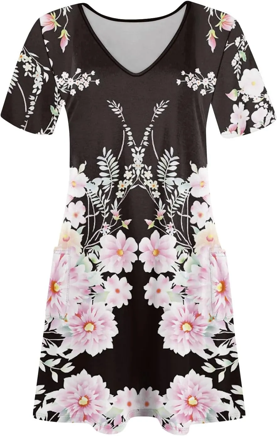 Womens Short Sleeve T Shirt Dress Vintage Printed V Neck Mini Sundress Summer Beach Vacation Outfits with Pockets