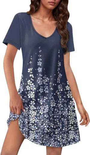 Womens Short Sleeve T Shirt Dress Vintage Printed V Neck Mini Sundress Summer Beach Vacation Outfits with Pockets