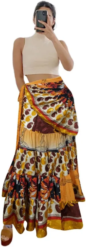 Womens Silk Sari Ruffle Wrap Skirt, Orange Tiered Maxi Skirt One Size