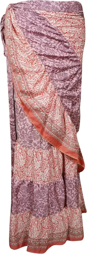 Womens Silk Sari Ruffle Wrap Skirt, Pink Purple Tiered Maxi Skirt, Handmade Belly Dance Beach Party Long Skirts One Size