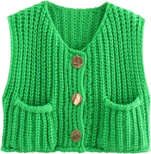 Womens Sleeveless Crop Knit Cardigan Vests Button Down Trendy Open Front Sweater Vests Dressy Tops with Pockets
