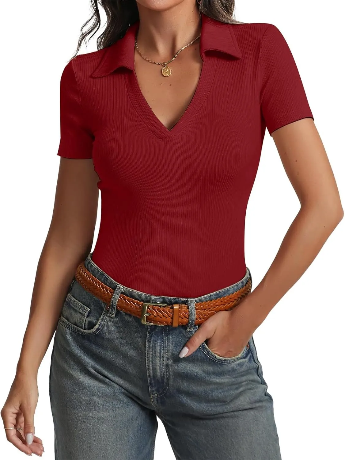 Womens Solid Color V Neck Turn Down Slim Fit Top Neck Top
