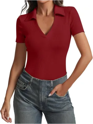 Womens Solid Color V Neck Turn Down Slim Fit Top Neck Top