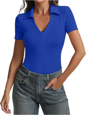 Womens Solid Color V Neck Turn Down Slim Fit Top Neck Top