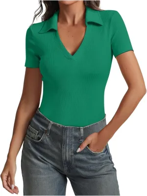 Womens Solid Color V Neck Turn Down Slim Fit Top Neck Top