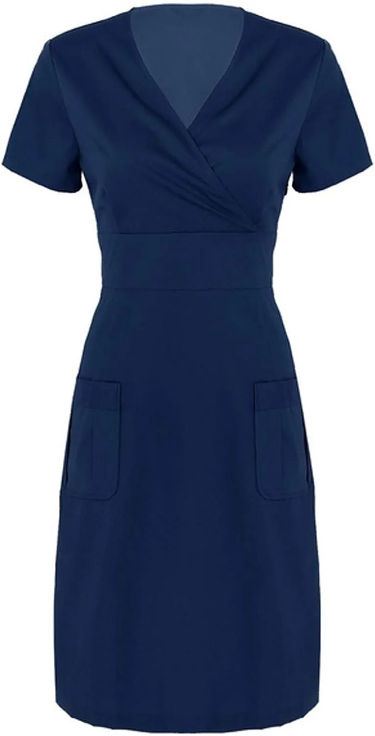 Womens Solid Color Work Dress with Pocket Short Sleeve V Neck Midi Shirt Dress Spring Church Work Skirt