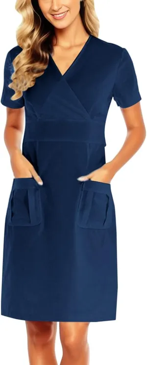 Womens Solid Color Work Dress with Pocket Short Sleeve V Neck Midi Shirt Dress Spring Church Work Skirt