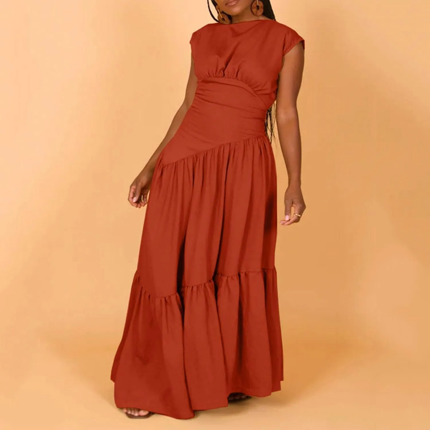 Womens Solid Round Neck Long Sleeved Patchwork Long Skirt is Fashionable and Womens Dresses with Short Sleeves