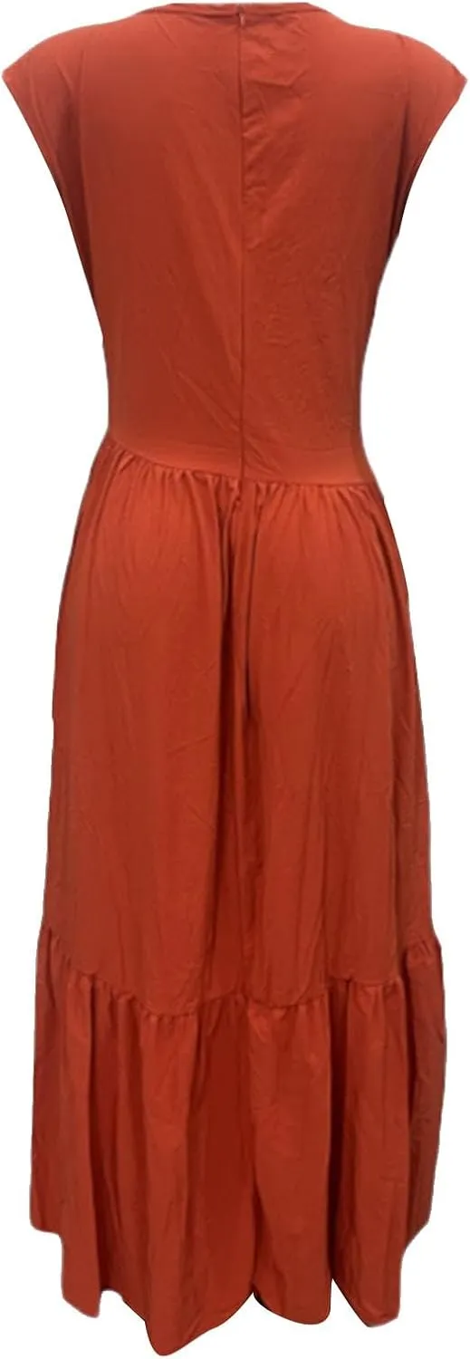 Womens Solid Round Neck Long Sleeved Patchwork Long Skirt is Fashionable and Womens Dresses with Short Sleeves