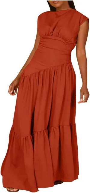 Womens Solid Round Neck Long Sleeved Patchwork Long Skirt is Fashionable and Womens Dresses with Short Sleeves