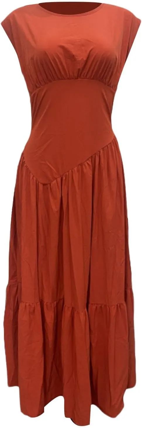 Womens Solid Round Neck Long Sleeved Patchwork Long Skirt is Fashionable and Womens Dresses with Short Sleeves