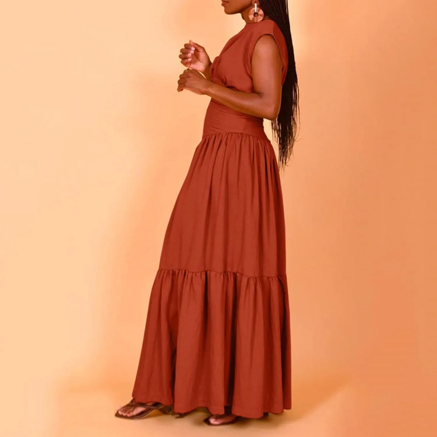 Womens Solid Round Neck Long Sleeved Patchwork Long Skirt is Fashionable and Womens Dresses with Short Sleeves