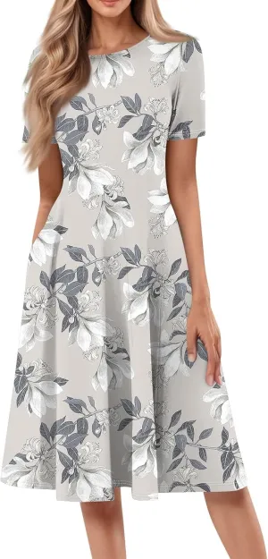 Womens Spring Dress Casual Short Sleeve Midi Dresses Round Neck Floral Print Pleated A Line Boho Flowy Beach Sundress