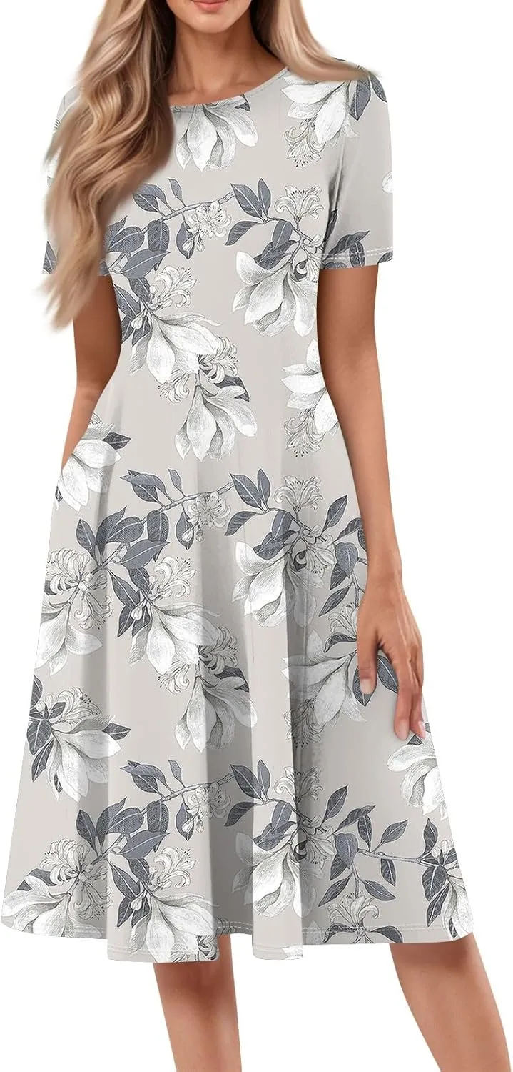 Womens Spring Dress Casual Short Sleeve Midi Dresses Round Neck Floral Print Pleated A Line Boho Flowy Beach Sundress