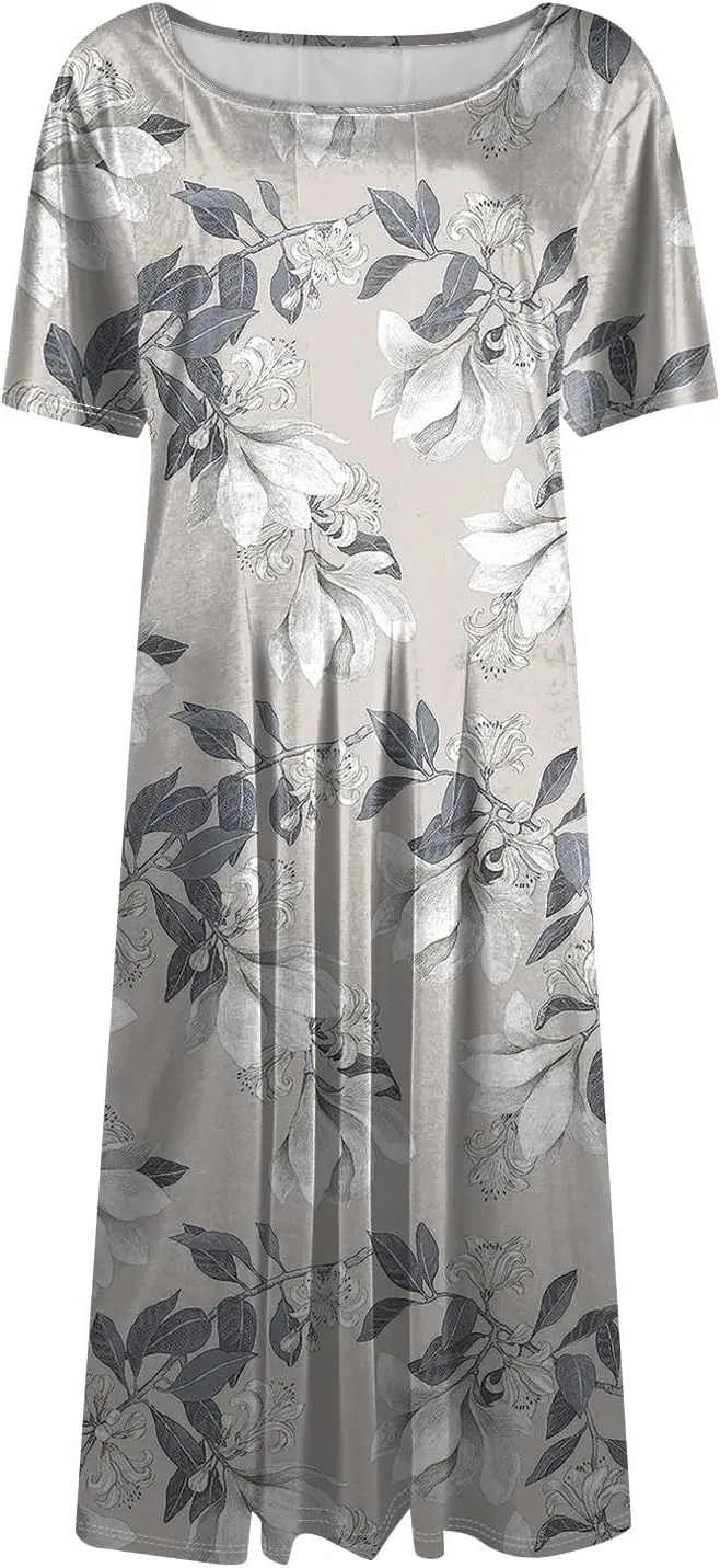 Womens Spring Dress Casual Short Sleeve Midi Dresses Round Neck Floral Print Pleated A Line Boho Flowy Beach Sundress