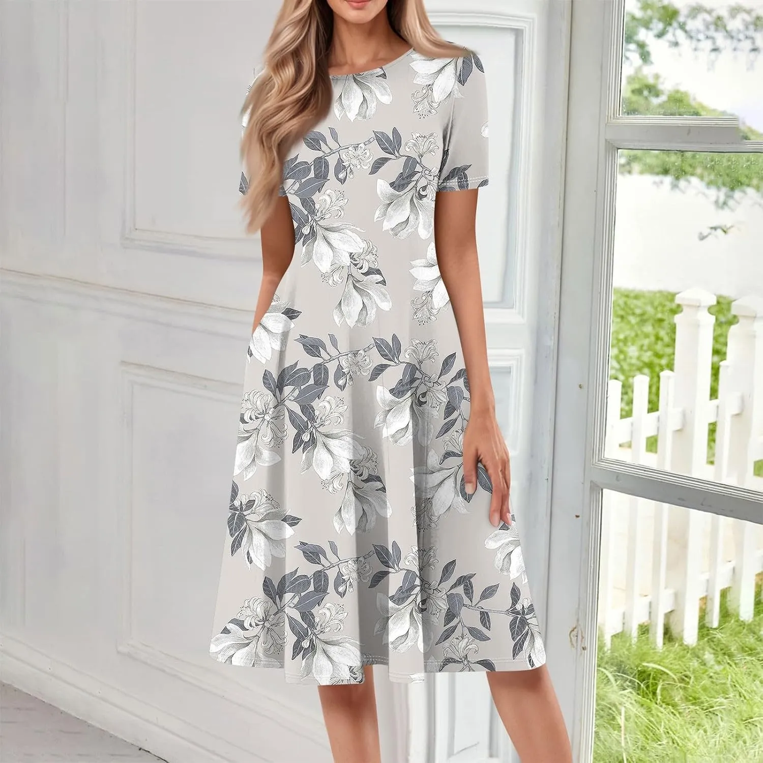 Womens Spring Dress Casual Short Sleeve Midi Dresses Round Neck Floral Print Pleated A Line Boho Flowy Beach Sundress
