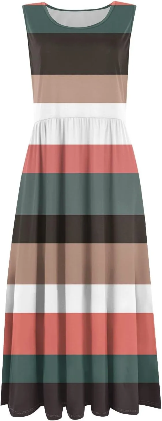 Womens Spring Summer Dresses Casual Crewneck Aline Floral Print Tank Dress Sleeveless Pleated Midi Dress with Pocket