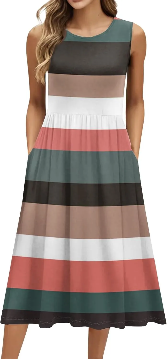 Womens Spring Summer Dresses Casual Crewneck Aline Floral Print Tank Dress Sleeveless Pleated Midi Dress with Pocket