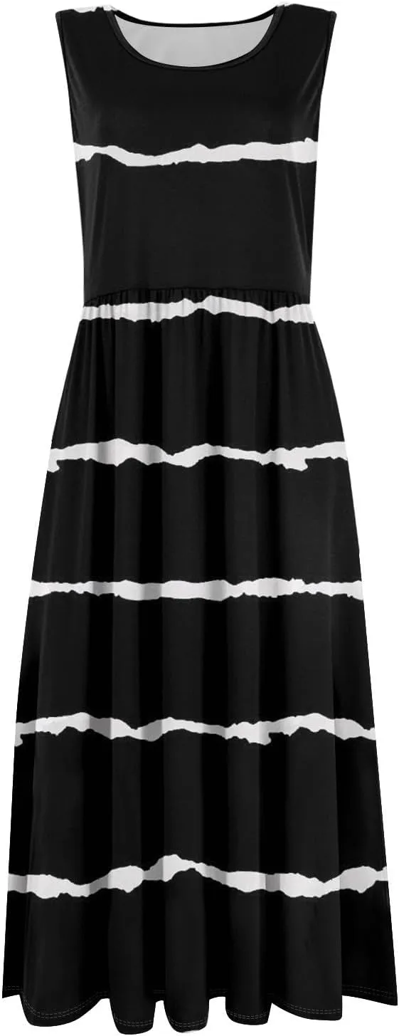 Womens Spring Summer Dresses Casual Crewneck Aline Floral Print Tank Dress Sleeveless Pleated Midi Dress with Pocket