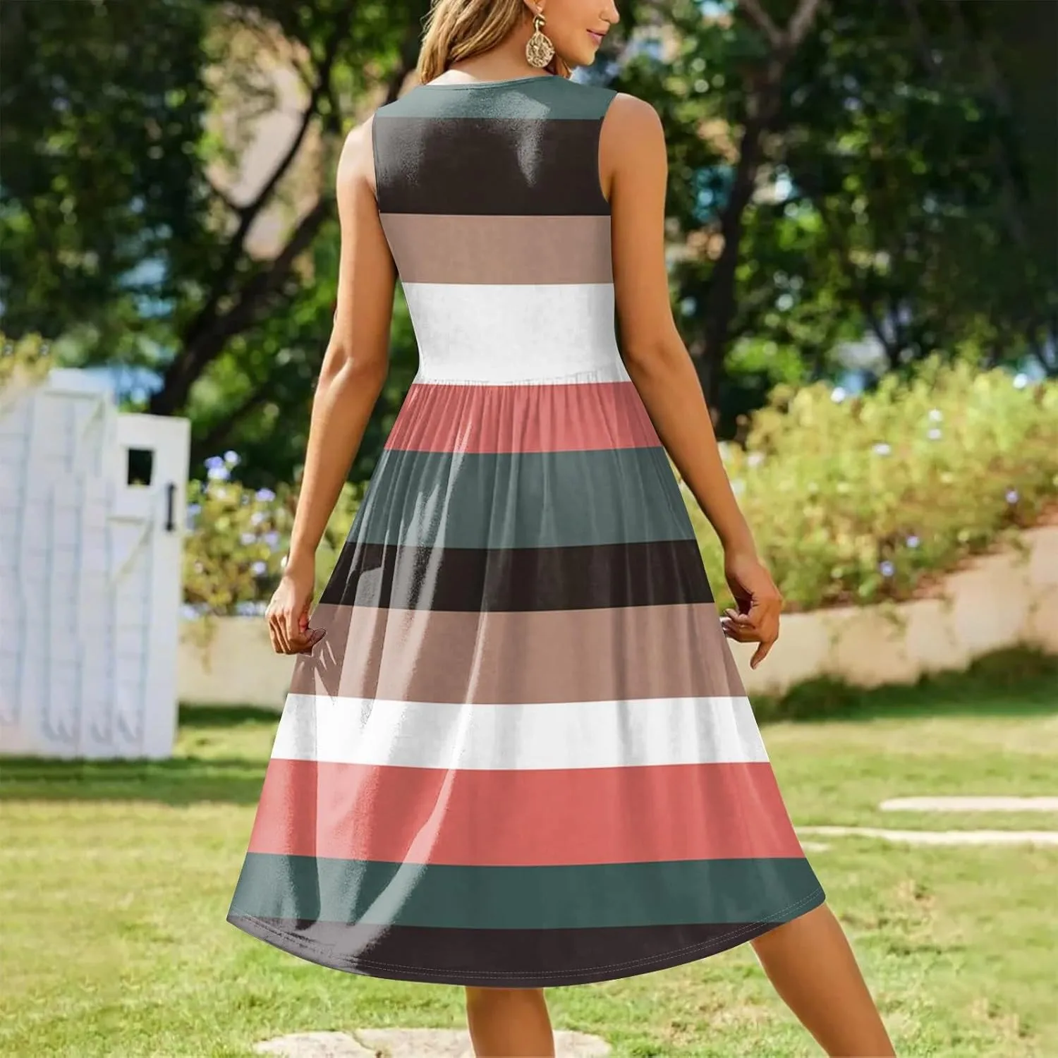 Womens Spring Summer Dresses Casual Crewneck Aline Floral Print Tank Dress Sleeveless Pleated Midi Dress with Pocket
