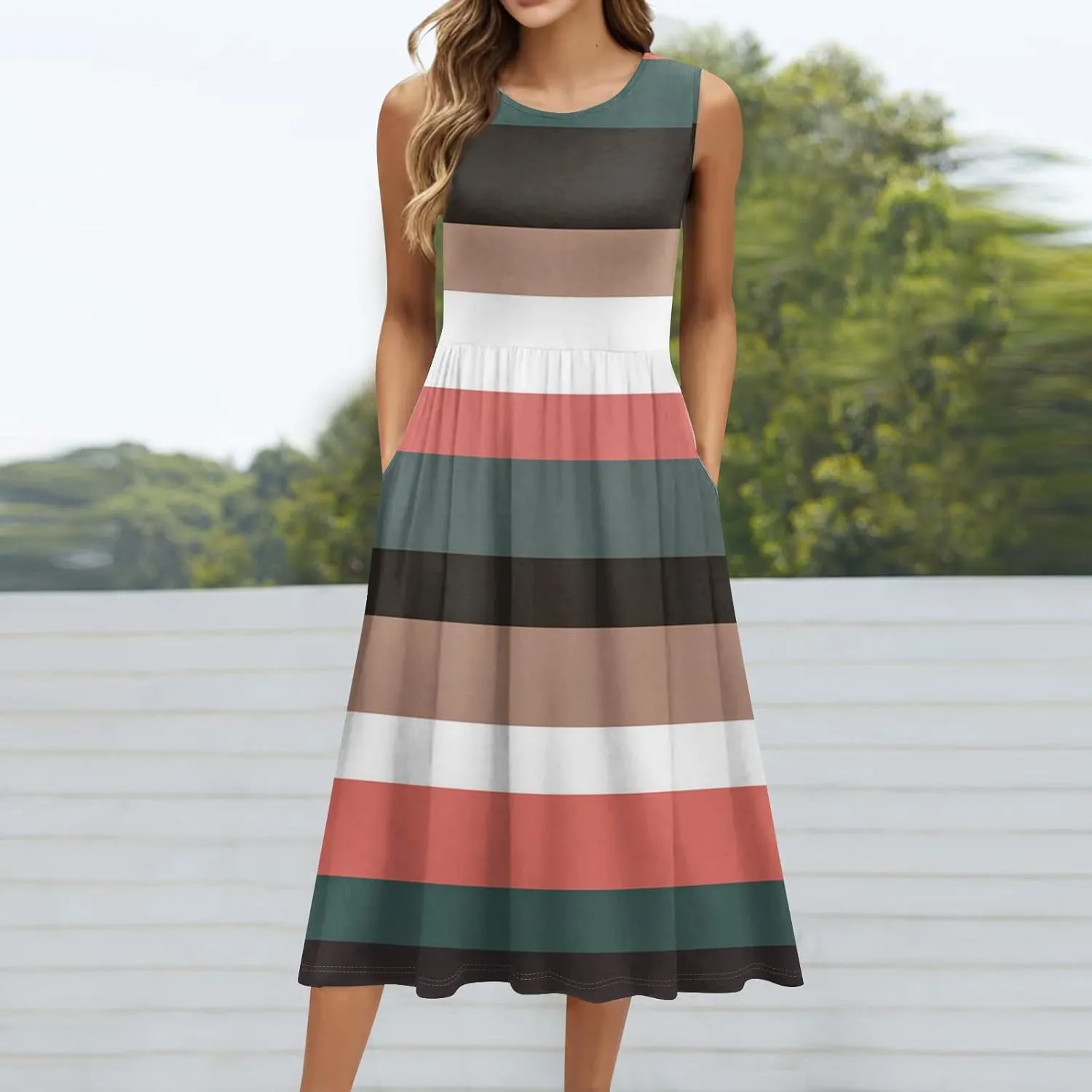 Womens Spring Summer Dresses Casual Crewneck Aline Floral Print Tank Dress Sleeveless Pleated Midi Dress with Pocket