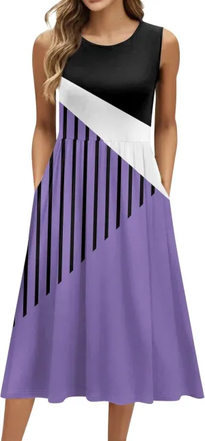 Womens Spring Summer Dresses Casual Crewneck Aline Floral Print Tank Dress Sleeveless Pleated Midi Dress with Pocket