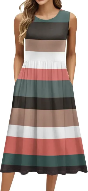 Womens Spring Summer Dresses Casual Crewneck Aline Floral Print Tank Dress Sleeveless Pleated Midi Dress with Pocket