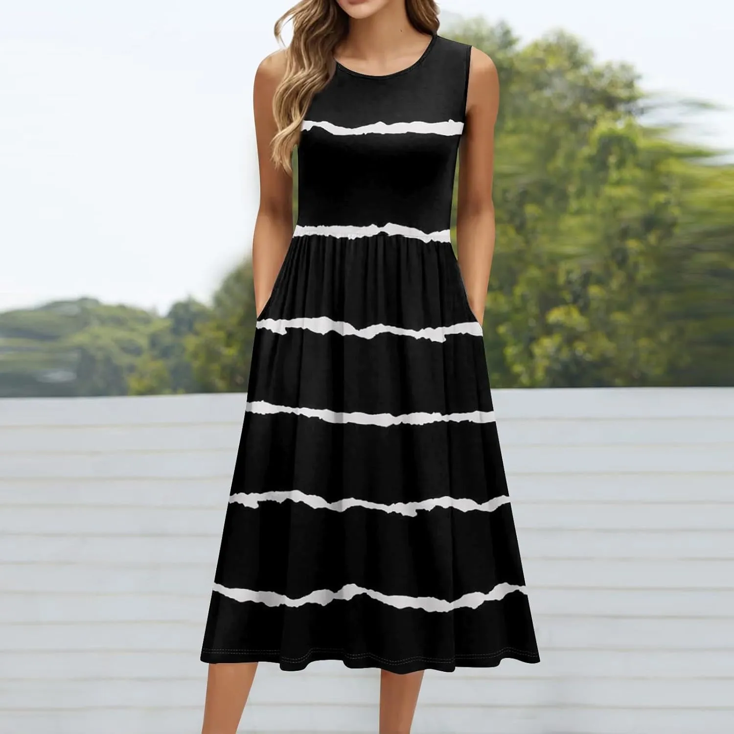 Womens Spring Summer Dresses Casual Crewneck Aline Floral Print Tank Dress Sleeveless Pleated Midi Dress with Pocket