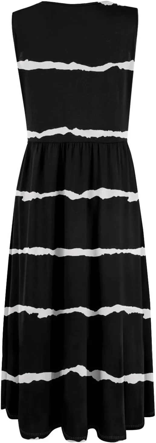 Womens Spring Summer Dresses Casual Crewneck Aline Floral Print Tank Dress Sleeveless Pleated Midi Dress with Pocket