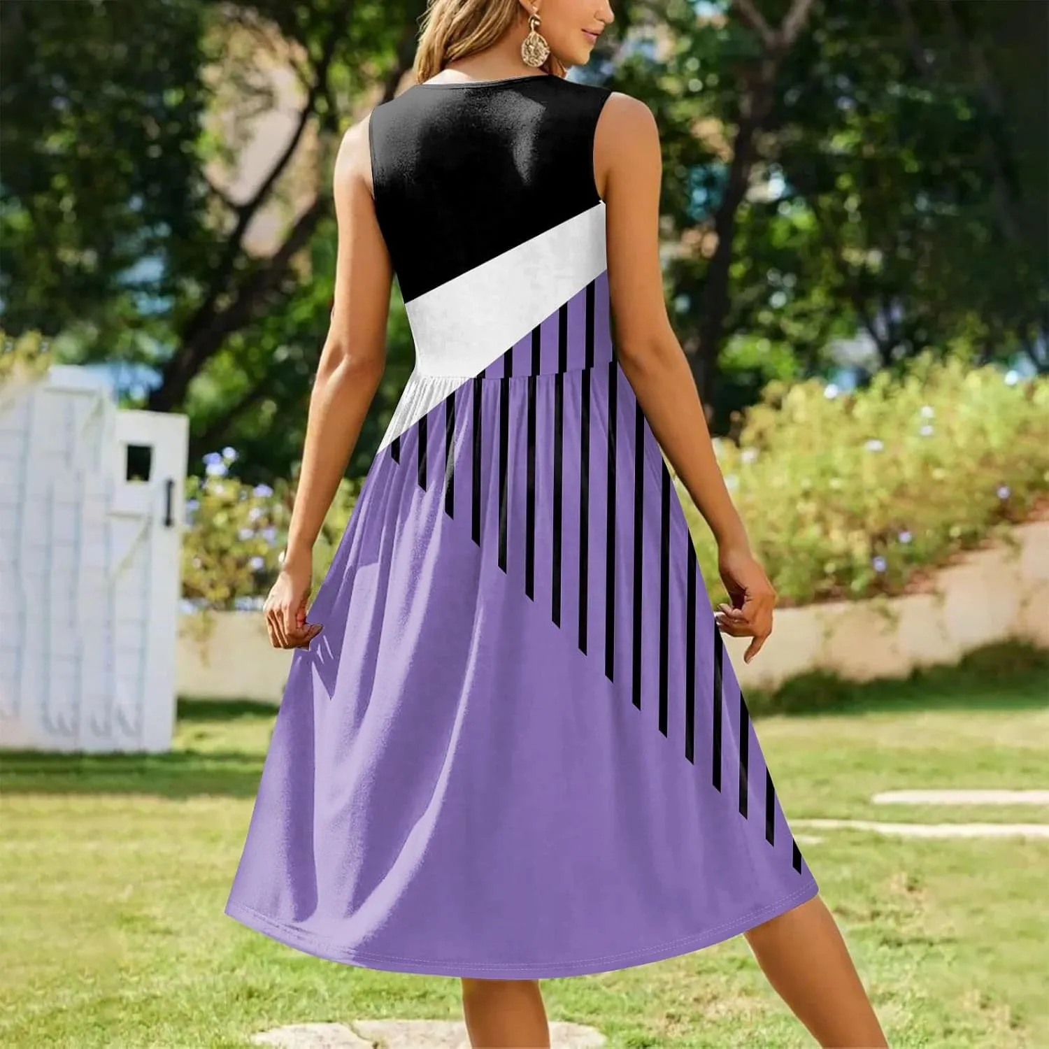 Womens Spring Summer Dresses Casual Crewneck Aline Floral Print Tank Dress Sleeveless Pleated Midi Dress with Pocket