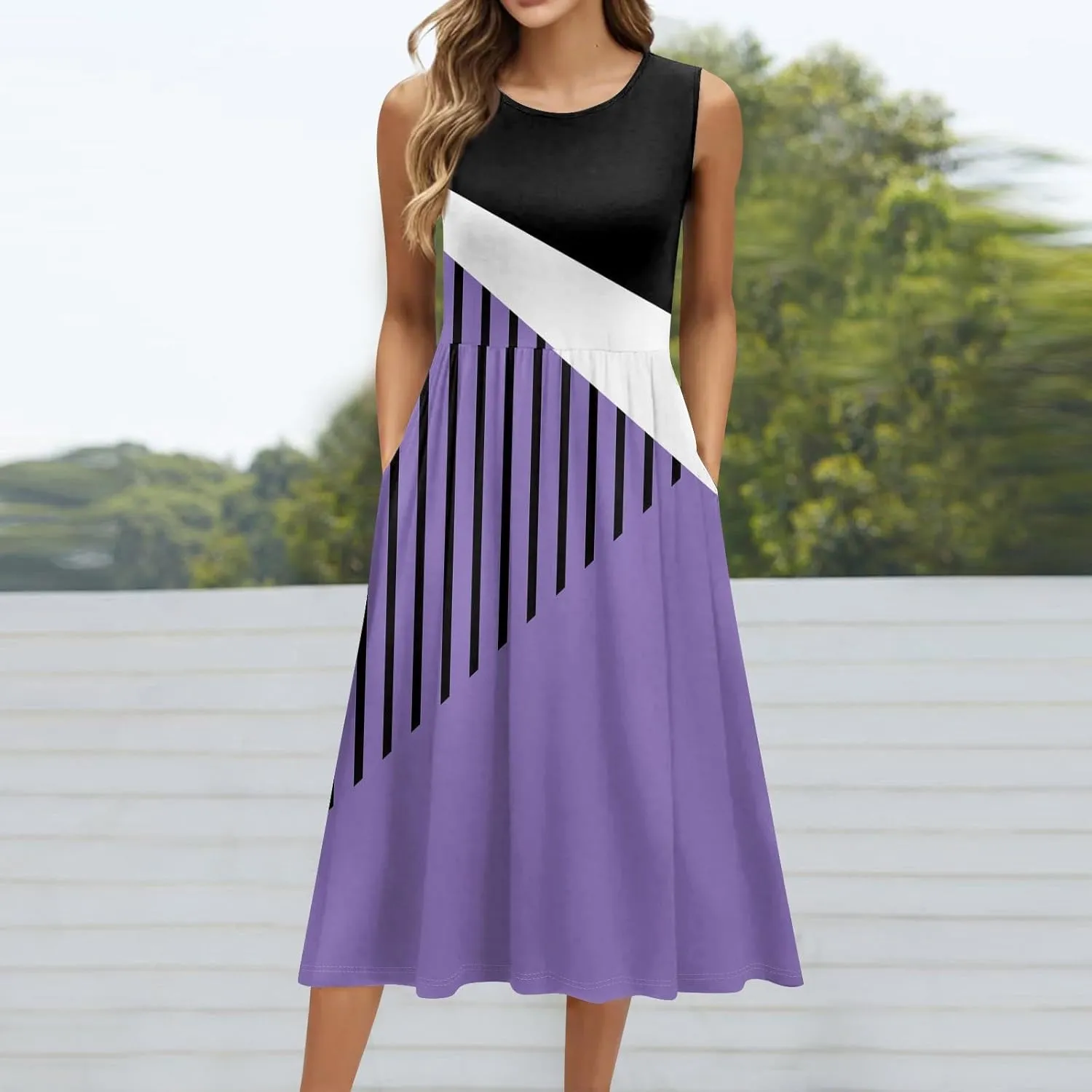 Womens Spring Summer Dresses Casual Crewneck Aline Floral Print Tank Dress Sleeveless Pleated Midi Dress with Pocket