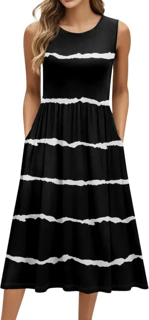 Womens Spring Summer Dresses Casual Crewneck Aline Floral Print Tank Dress Sleeveless Pleated Midi Dress with Pocket