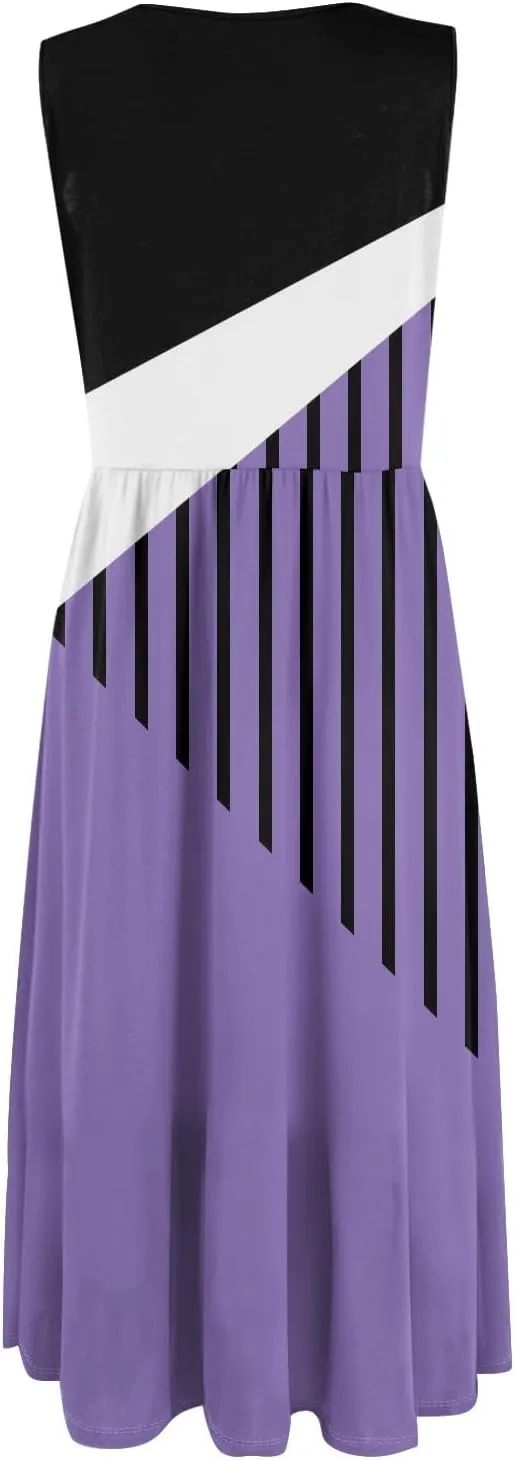 Womens Spring Summer Dresses Casual Crewneck Aline Floral Print Tank Dress Sleeveless Pleated Midi Dress with Pocket