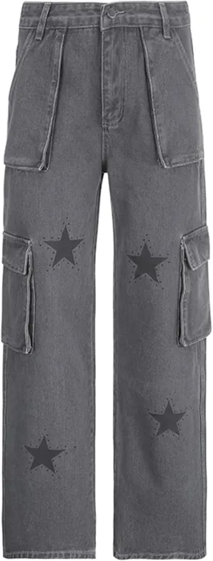 Womens Star Print Jeans Vintage Gray Denim Pants Y2K E-Girl Aesthetic Pants Classic Straight Leg Trousers