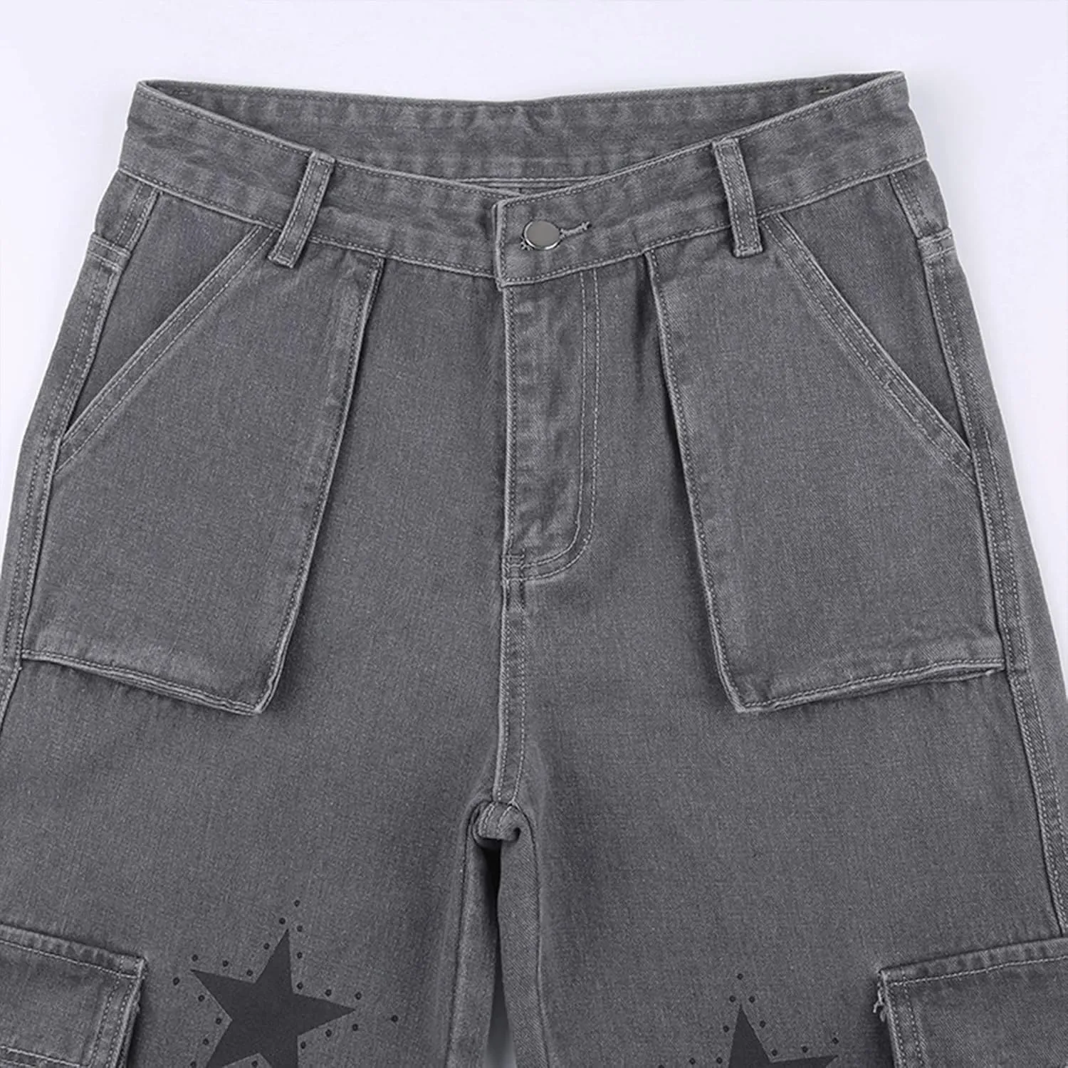 Womens Star Print Jeans Vintage Gray Denim Pants Y2K E-Girl Aesthetic Pants Classic Straight Leg Trousers