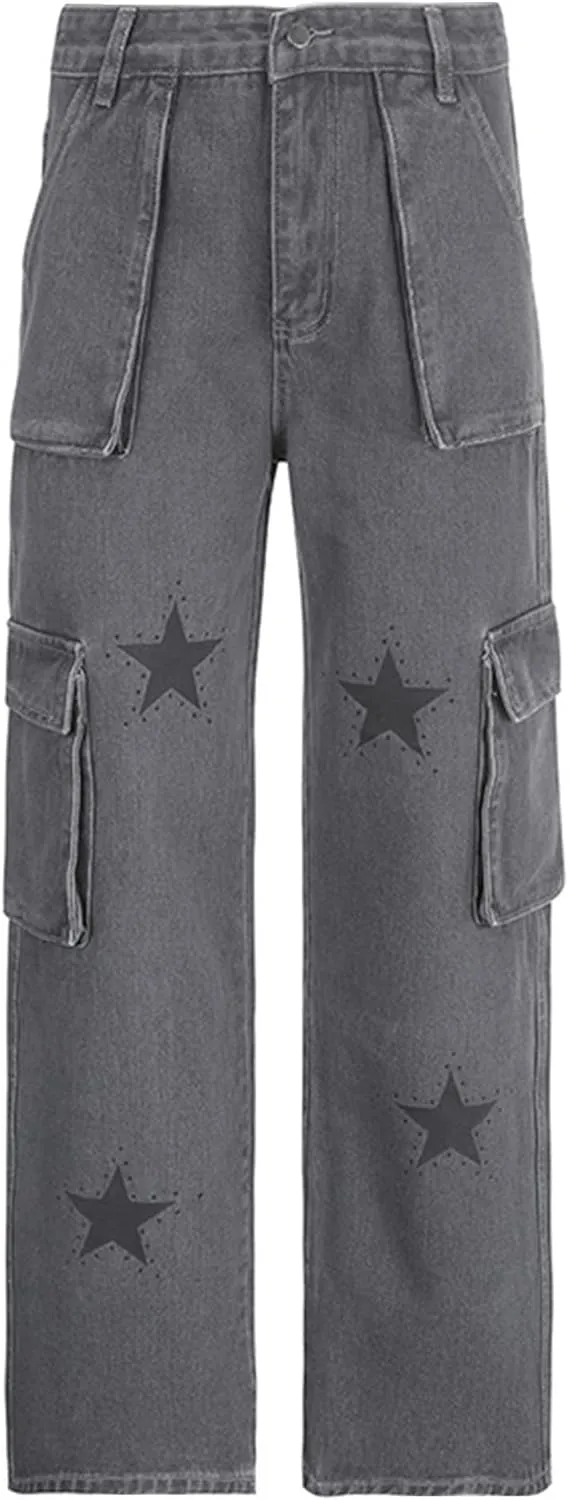 Womens Star Print Jeans Vintage Gray Denim Pants Y2K E-Girl Aesthetic Pants Classic Straight Leg Trousers