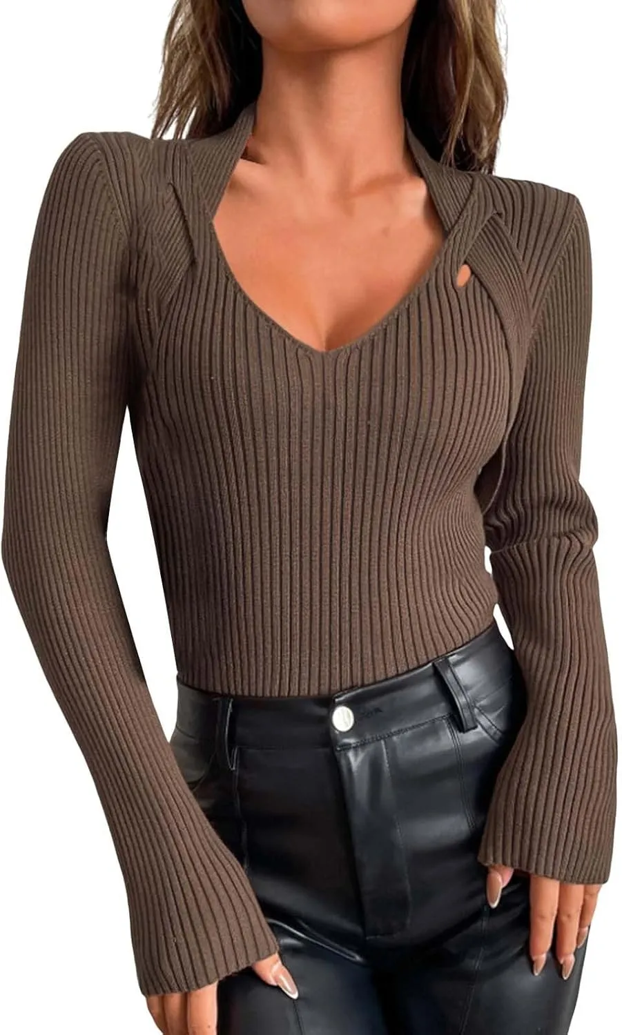 Women's Striped Knit Sweater Tops Slim Fit Long Sleeve V Neck Shirts Casual Pullover Blouse Ladies Dressy Outfits