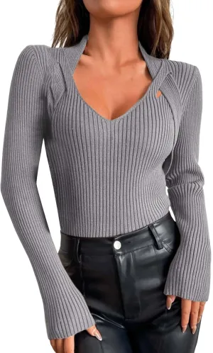 Women's Striped Knit Sweater Tops Slim Fit Long Sleeve V Neck Shirts Casual Pullover Blouse Ladies Dressy Outfits