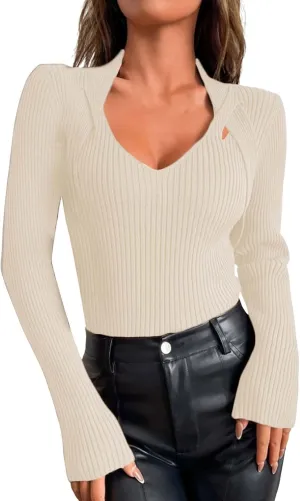 Women's Striped Knit Sweater Tops Slim Fit Long Sleeve V Neck Shirts Casual Pullover Blouse Ladies Dressy Outfits