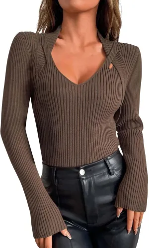 Women's Striped Knit Sweater Tops Slim Fit Long Sleeve V Neck Shirts Casual Pullover Blouse Ladies Dressy Outfits