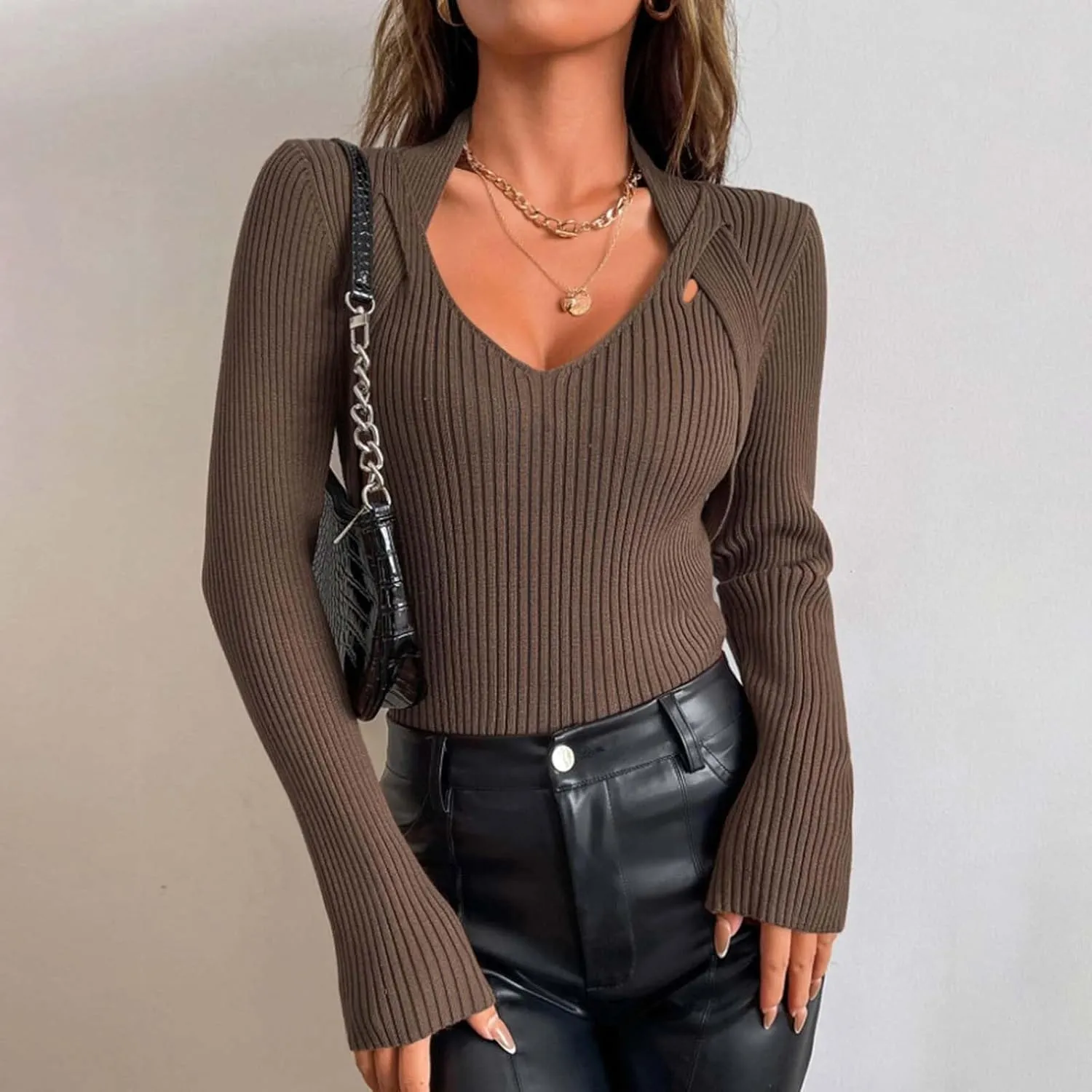Women's Striped Knit Sweater Tops Slim Fit Long Sleeve V Neck Shirts Casual Pullover Blouse Ladies Dressy Outfits
