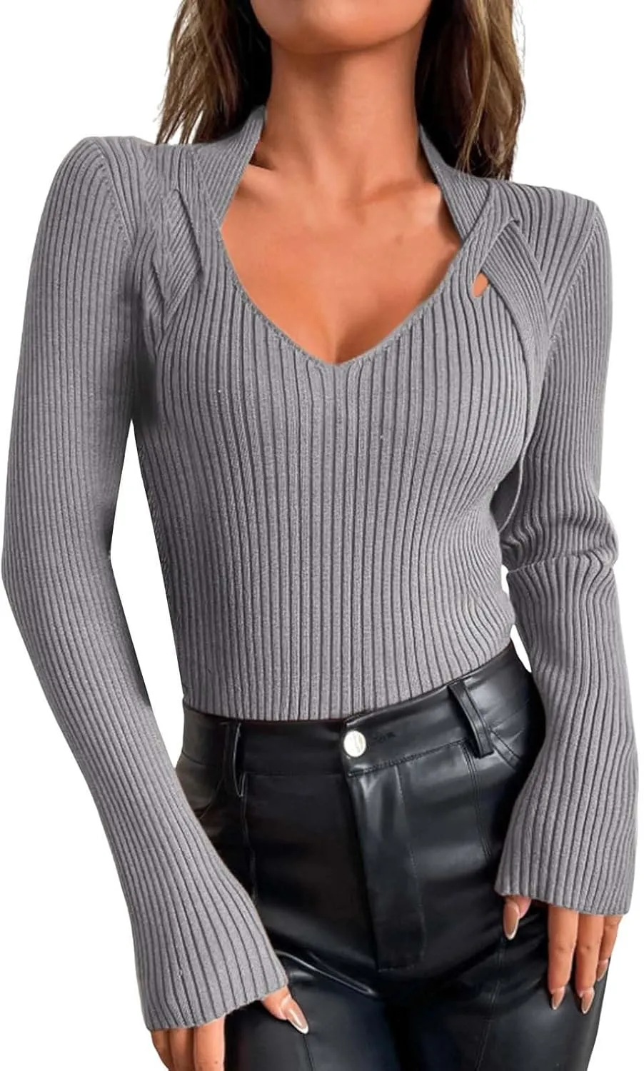 Women's Striped Knit Sweater Tops Slim Fit Long Sleeve V Neck Shirts Casual Pullover Blouse Ladies Dressy Outfits