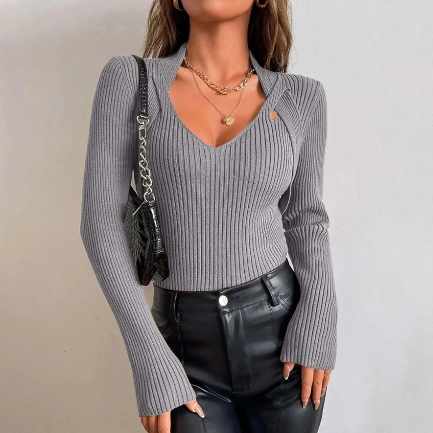 Women's Striped Knit Sweater Tops Slim Fit Long Sleeve V Neck Shirts Casual Pullover Blouse Ladies Dressy Outfits