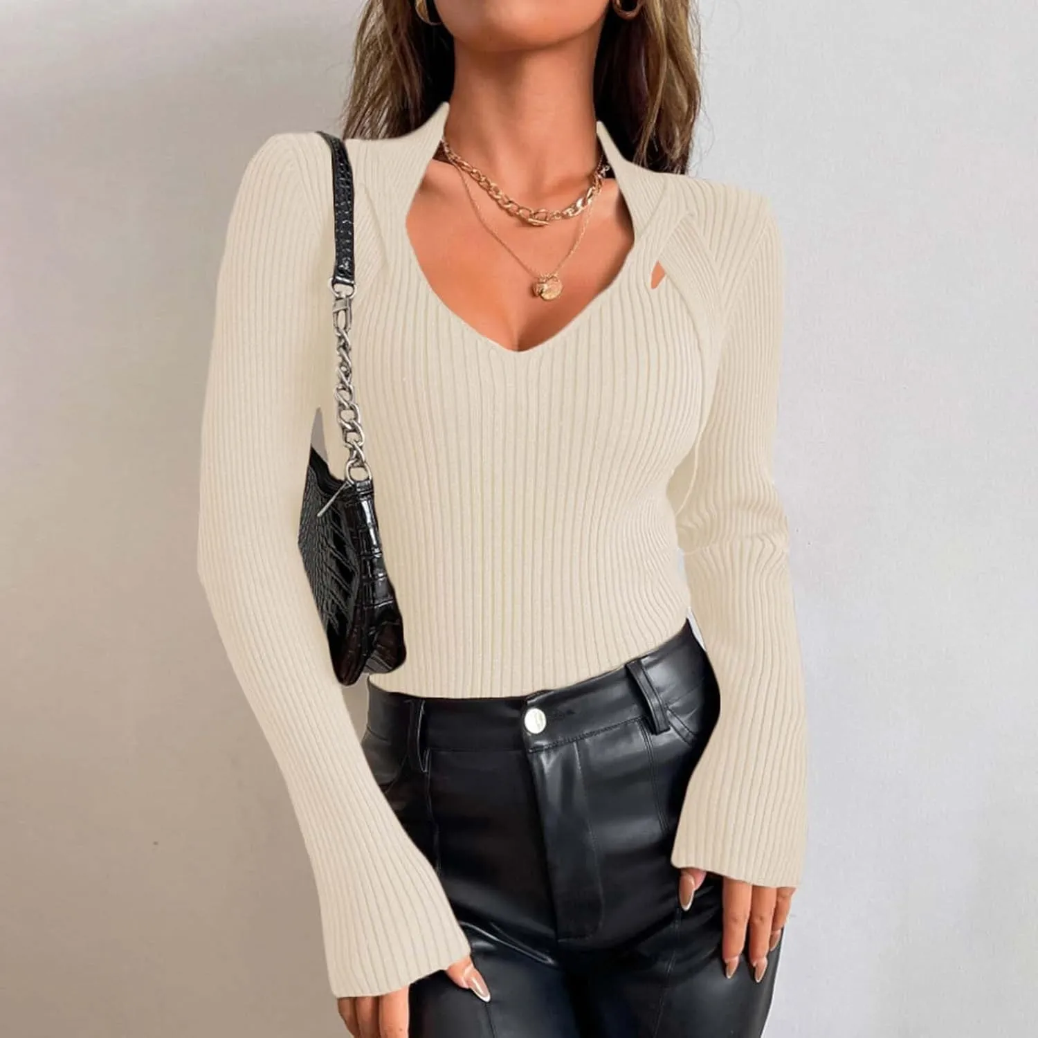 Women's Striped Knit Sweater Tops Slim Fit Long Sleeve V Neck Shirts Casual Pullover Blouse Ladies Dressy Outfits