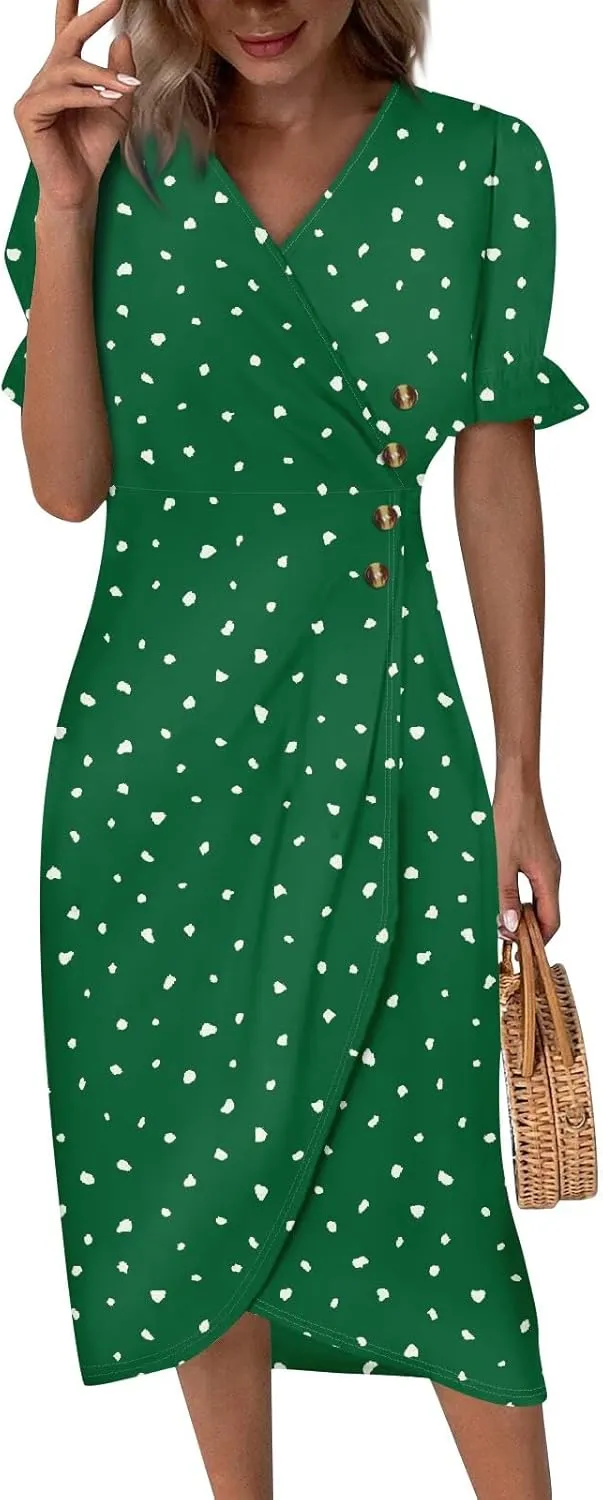 Women's Summer Casual Loose Short Sleeve V-Neck Floral Printed Solid Beach Vacation Boho Dress Plus Size, S-3XL