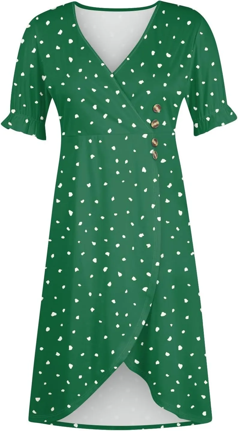 Women's Summer Casual Loose Short Sleeve V-Neck Floral Printed Solid Beach Vacation Boho Dress Plus Size, S-3XL