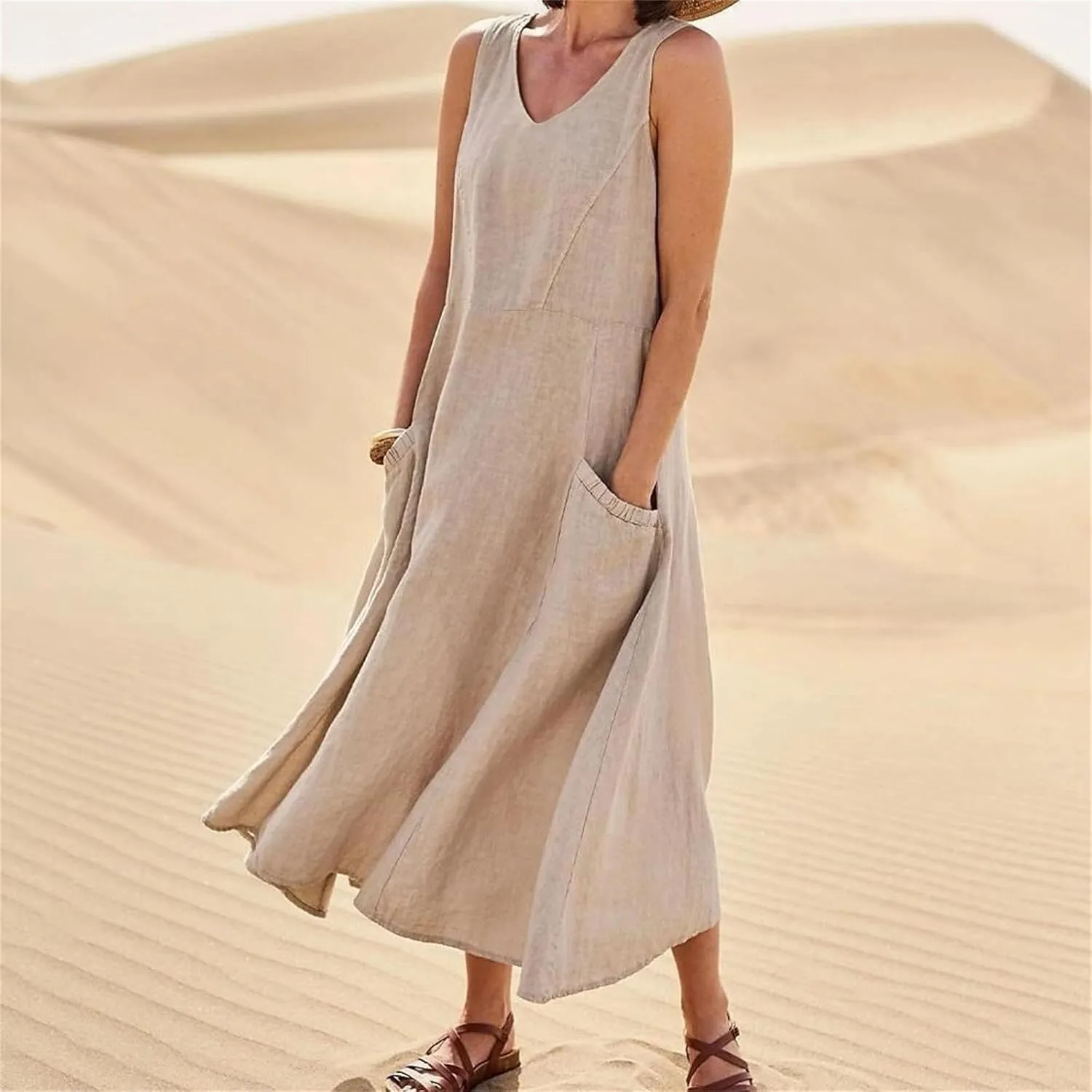 Women's Summer Casual Loose Sundresd Women's Summer Casual Sleeveless Long Maxi Beach Dress Cotton Linen Summer