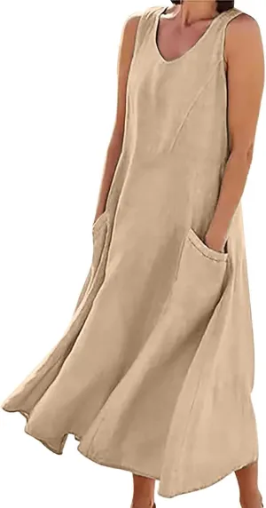 Women's Summer Casual Loose Sundresd Women's Summer Casual Sleeveless Long Maxi Beach Dress Cotton Linen Summer