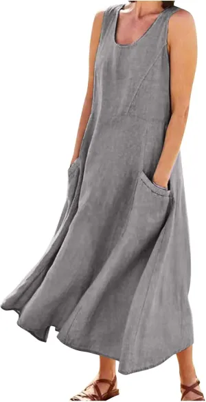 Women's Summer Cotton Linen Dress Sleeveless Elegant Flowy Dresses 2025 Plus Size Loose Comfy Dress with Pockets